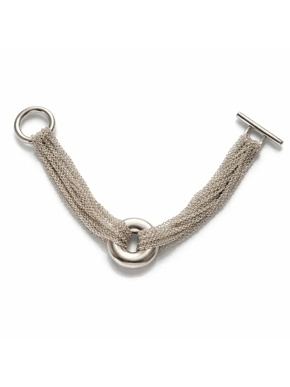 Tiffany Multi Strand Mesh Chain Round Circle Toggle Bracelet in Sterling Silver